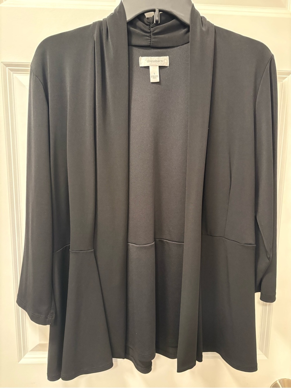 dressbarn Black Open-Front Draped Cardigan
